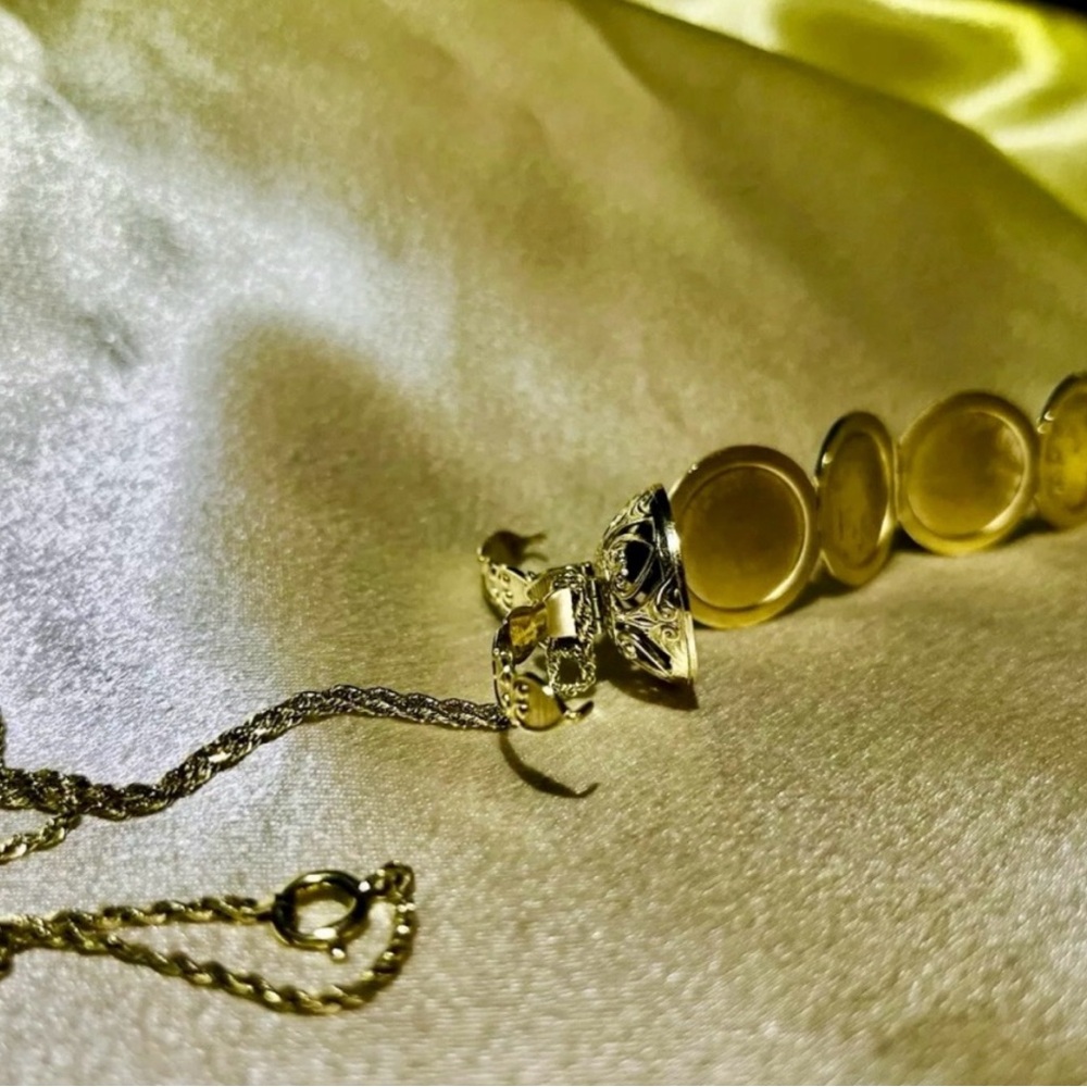14K Gold Six [6] Round Picture Frame Charm Pendant + Rope Chain Necklace - Picture 16 of 16